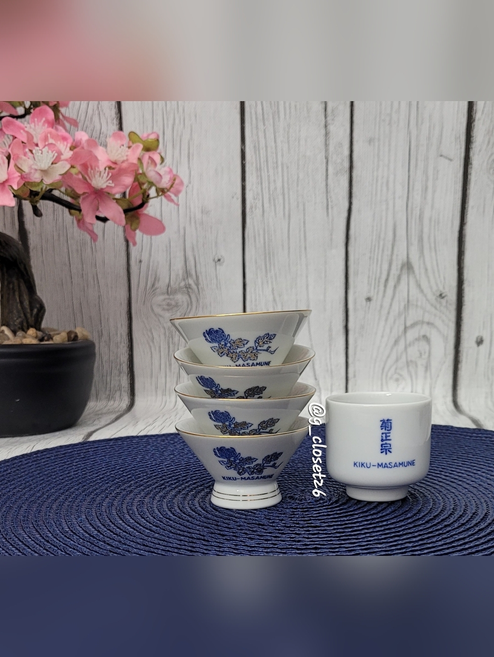Kiku-Masamune Blue Floral Porcelain Sake Cups Set